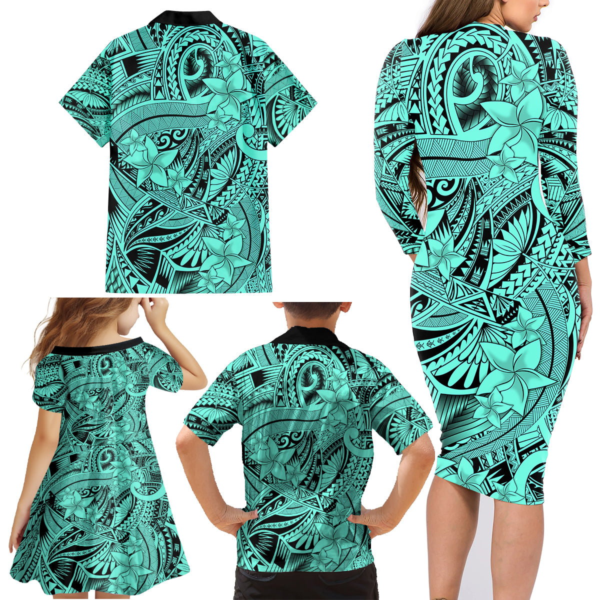 Polynesia Family Matching Long Sleeve Bodycon Dress and Hawaiian Shirt Tribal Polynesian Spirit With Teal Pacific Flowers LT9 - Wonder Print Shop