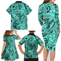 Polynesia Family Matching Long Sleeve Bodycon Dress and Hawaiian Shirt Tribal Polynesian Spirit With Teal Pacific Flowers LT9 - Wonder Print Shop