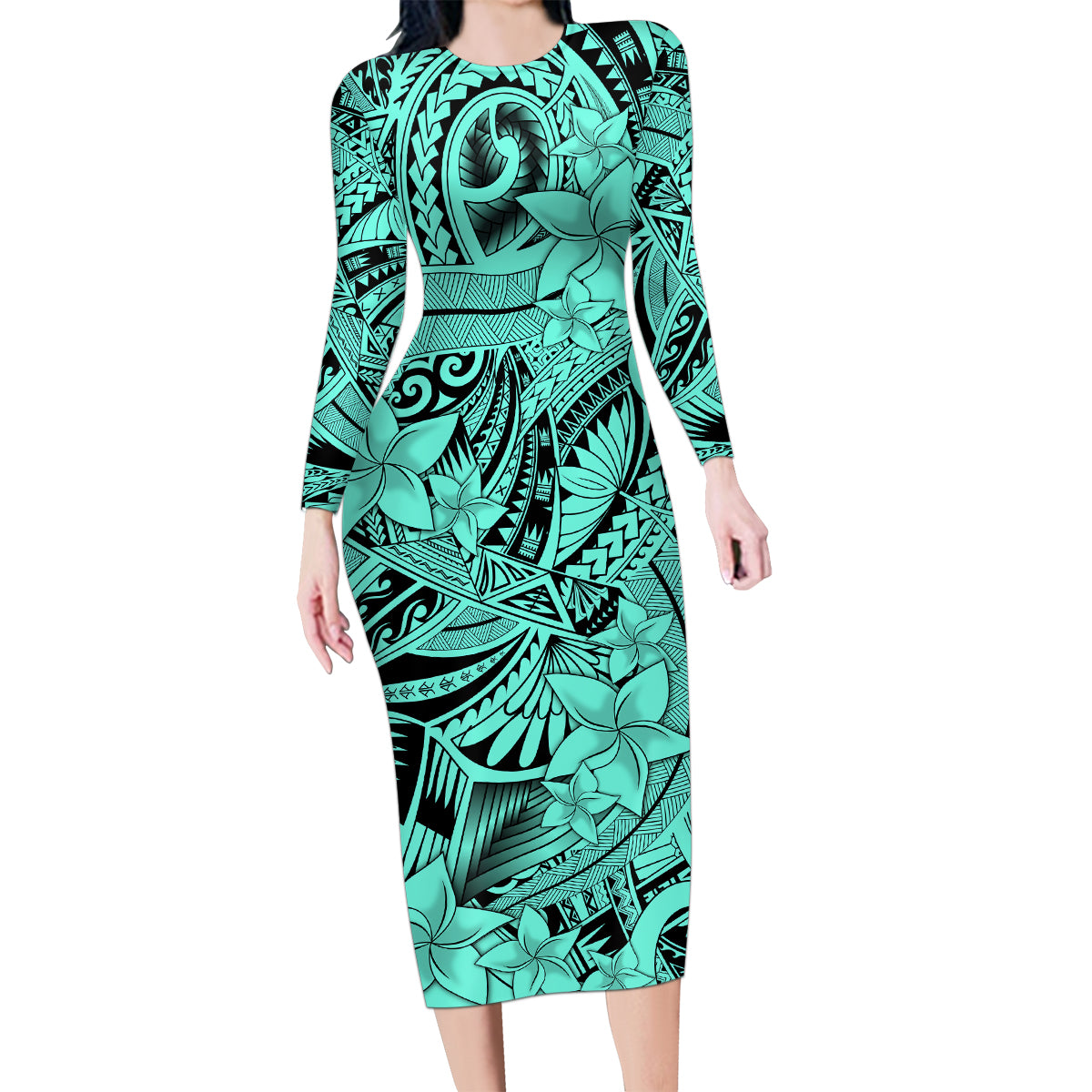 Polynesia Family Matching Long Sleeve Bodycon Dress and Hawaiian Shirt Tribal Polynesian Spirit With Teal Pacific Flowers LT9 - Wonder Print Shop