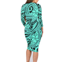 Polynesia Family Matching Long Sleeve Bodycon Dress and Hawaiian Shirt Tribal Polynesian Spirit With Teal Pacific Flowers LT9 - Wonder Print Shop