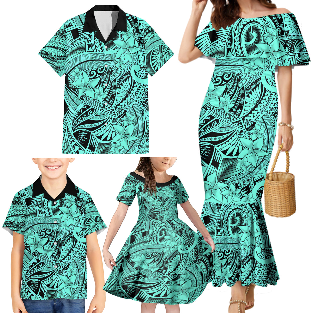 Polynesia Family Matching Mermaid Dress and Hawaiian Shirt Tribal Polynesian Spirit With Teal Pacific Flowers LT9 - Wonder Print Shop