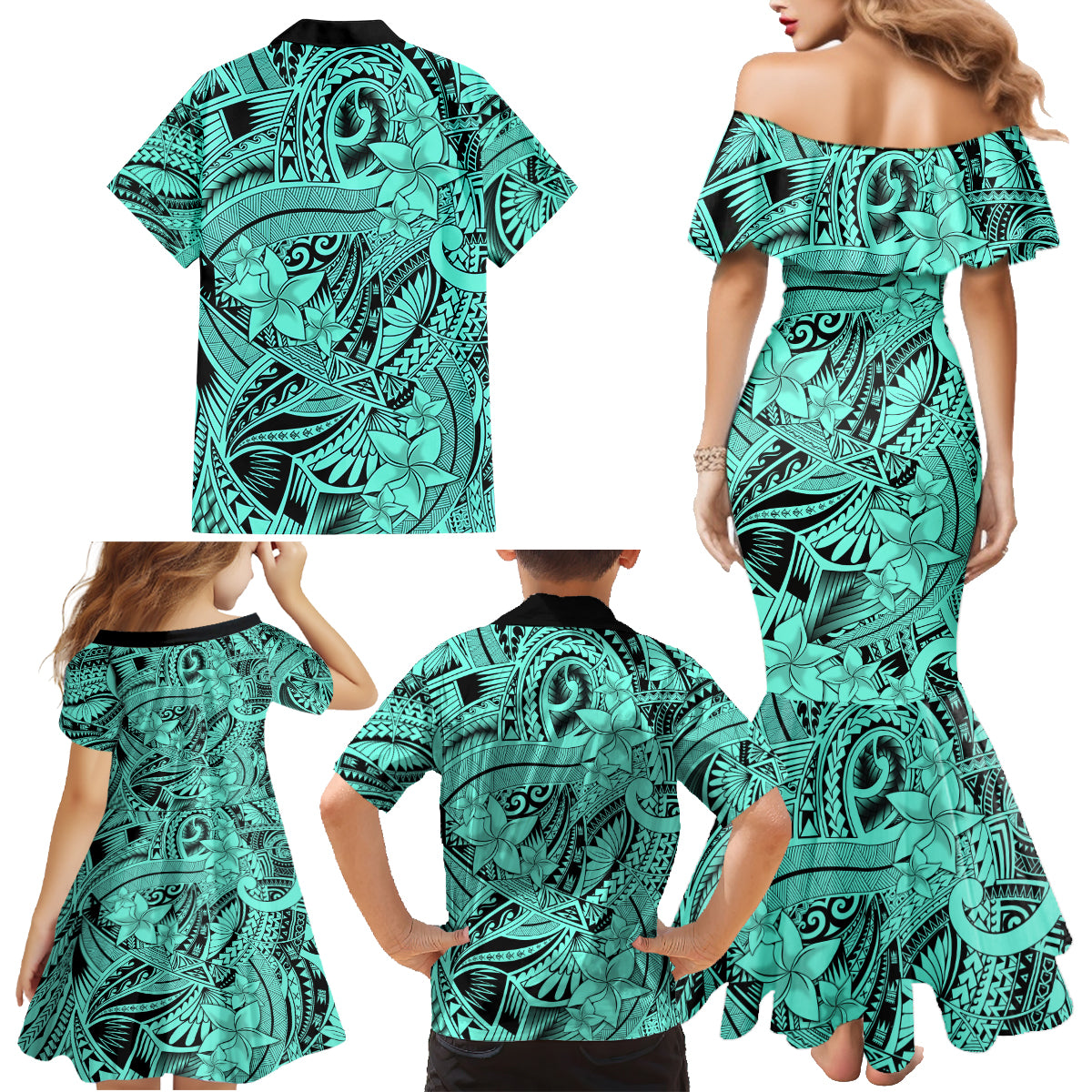 Polynesia Family Matching Mermaid Dress and Hawaiian Shirt Tribal Polynesian Spirit With Teal Pacific Flowers LT9 - Wonder Print Shop
