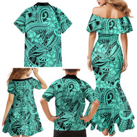 Polynesia Family Matching Mermaid Dress and Hawaiian Shirt Tribal Polynesian Spirit With Teal Pacific Flowers LT9 - Wonder Print Shop