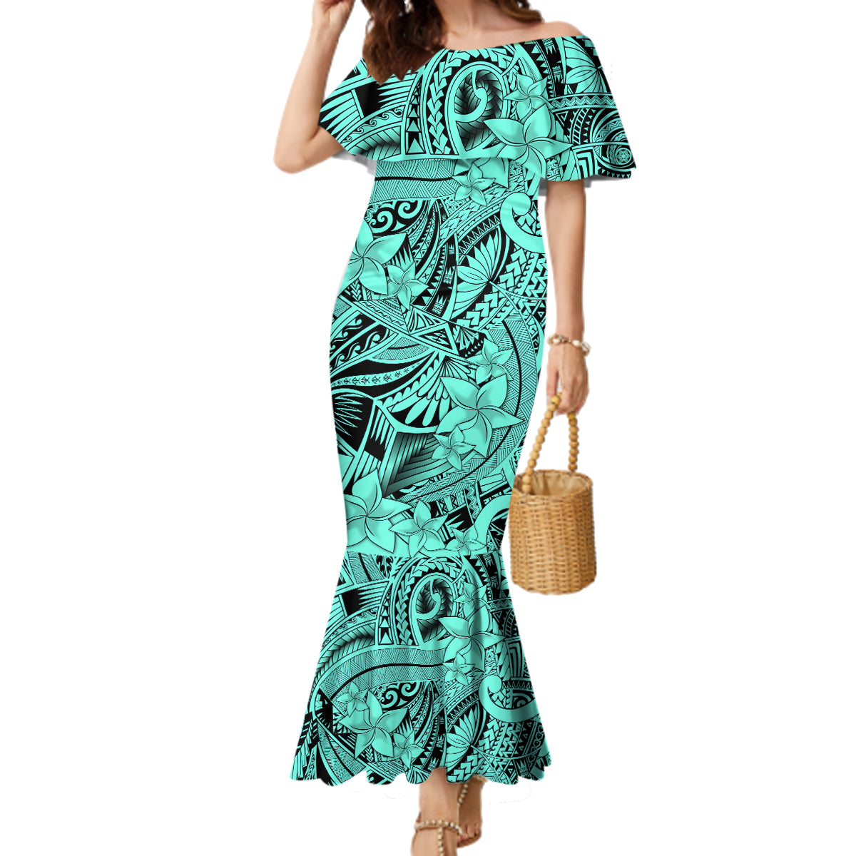 Polynesia Family Matching Mermaid Dress and Hawaiian Shirt Tribal Polynesian Spirit With Teal Pacific Flowers LT9 - Wonder Print Shop