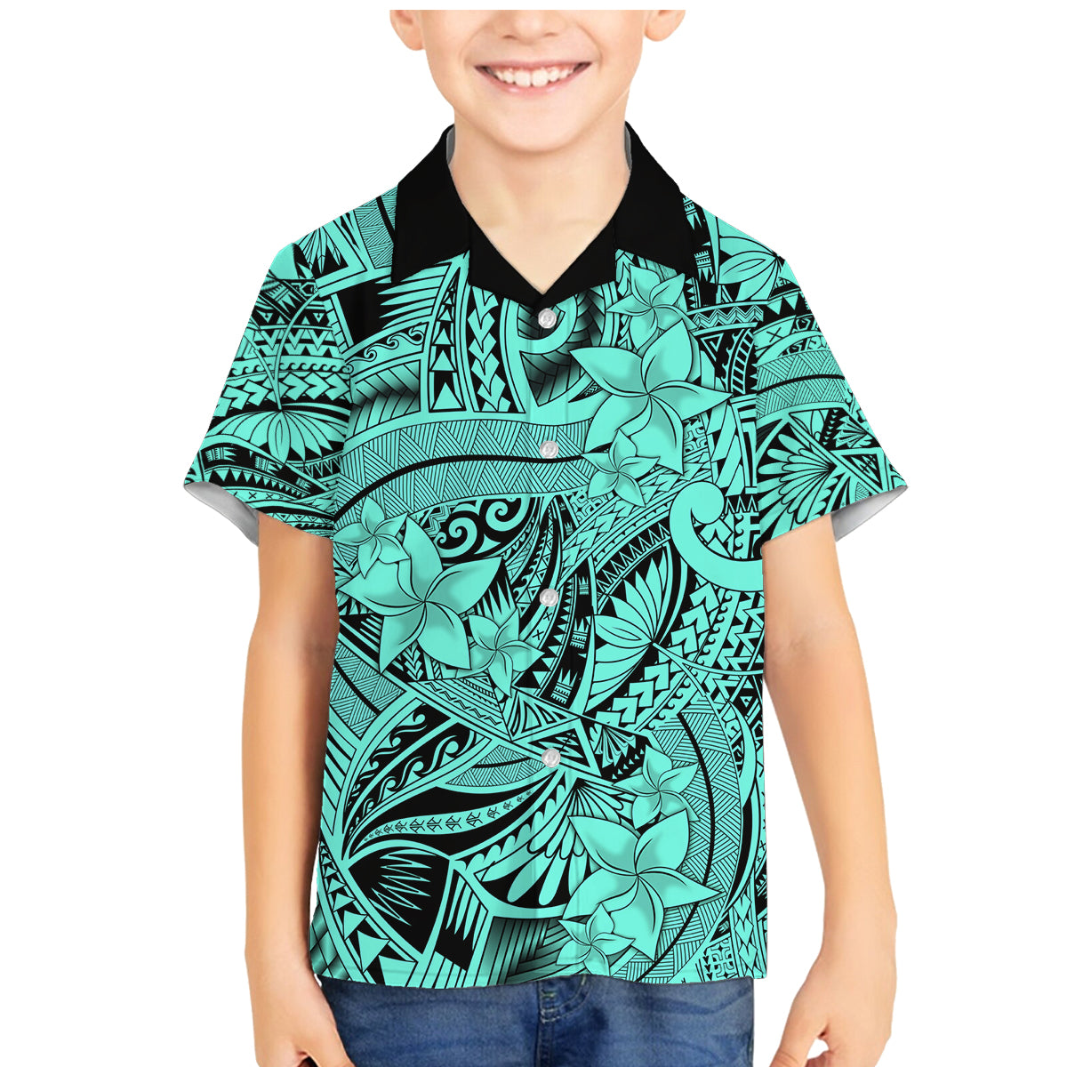 Polynesia Family Matching Mermaid Dress and Hawaiian Shirt Tribal Polynesian Spirit With Teal Pacific Flowers LT9 - Wonder Print Shop