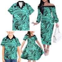 Polynesia Family Matching Off Shoulder Long Sleeve Dress and Hawaiian Shirt Tribal Polynesian Spirit With Teal Pacific Flowers - Wonder Print Shop