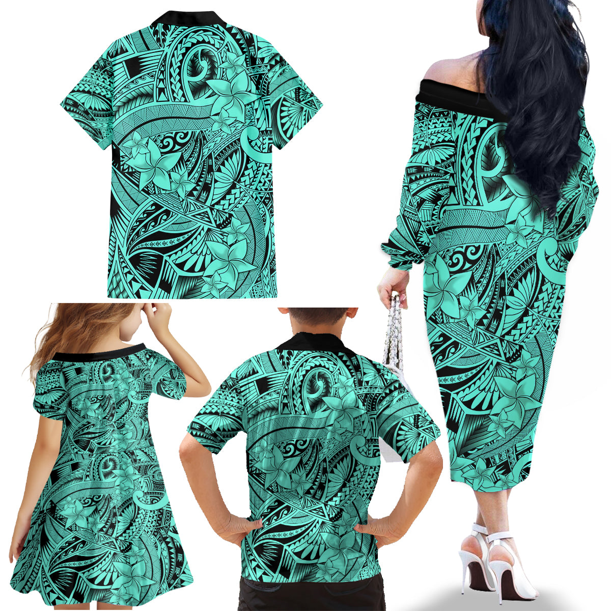 Polynesia Family Matching Off Shoulder Long Sleeve Dress and Hawaiian Shirt Tribal Polynesian Spirit With Teal Pacific Flowers - Wonder Print Shop