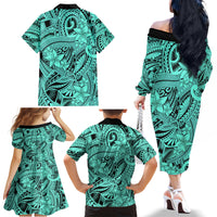 Polynesia Family Matching Off Shoulder Long Sleeve Dress and Hawaiian Shirt Tribal Polynesian Spirit With Teal Pacific Flowers - Wonder Print Shop