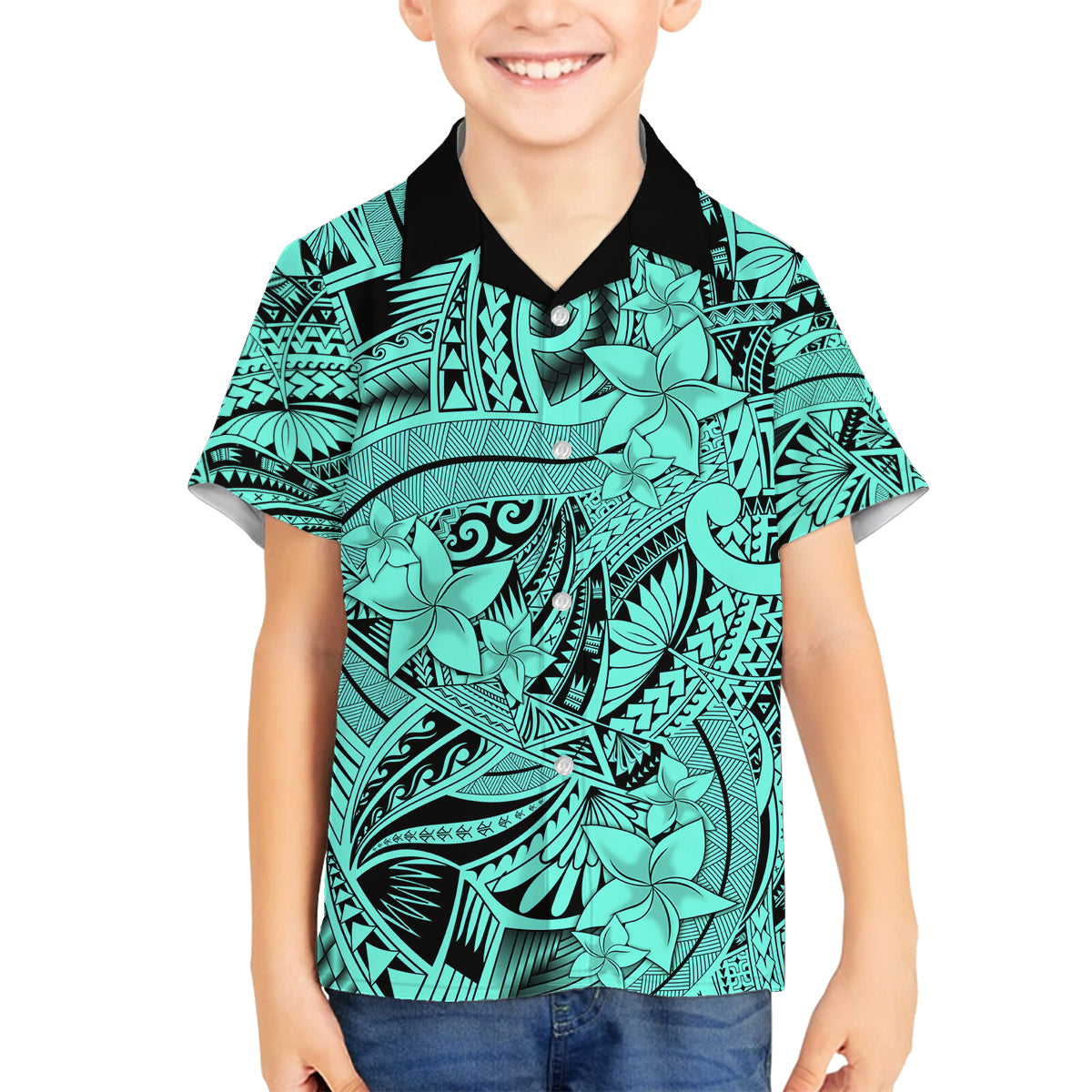 Polynesia Family Matching Off Shoulder Long Sleeve Dress and Hawaiian Shirt Tribal Polynesian Spirit With Teal Pacific Flowers - Wonder Print Shop