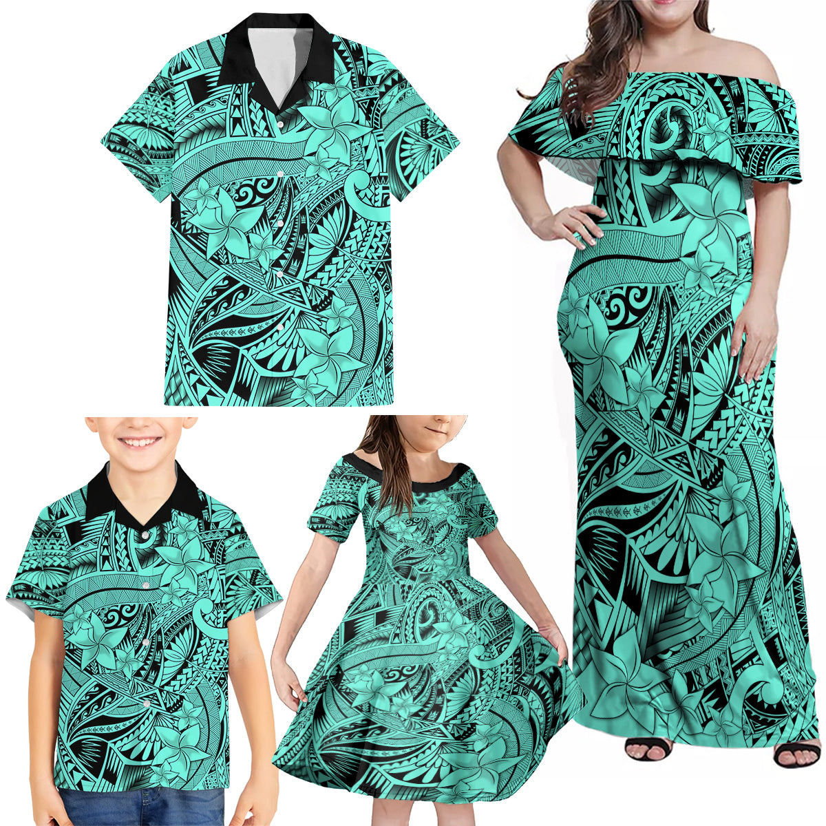 Polynesia Family Matching Off Shoulder Maxi Dress and Hawaiian Shirt Tribal Polynesian Spirit With Teal Pacific Flowers LT9 - Wonder Print Shop