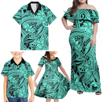 Polynesia Family Matching Off Shoulder Maxi Dress and Hawaiian Shirt Tribal Polynesian Spirit With Teal Pacific Flowers LT9 - Wonder Print Shop