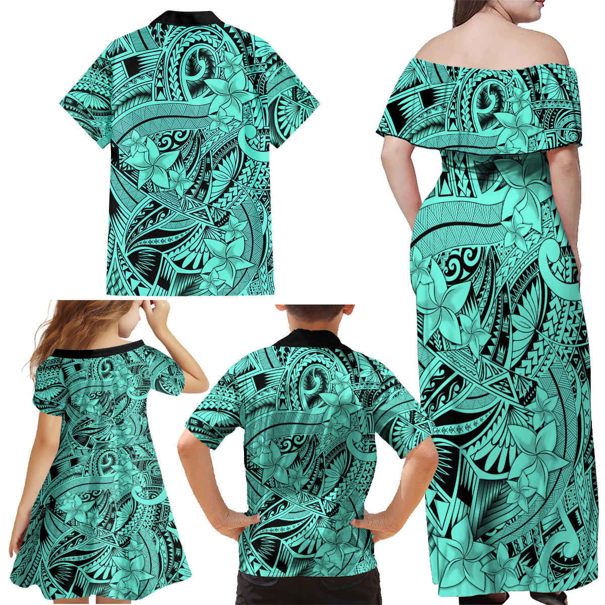 Polynesia Family Matching Off Shoulder Maxi Dress and Hawaiian Shirt Tribal Polynesian Spirit With Teal Pacific Flowers LT9 - Wonder Print Shop