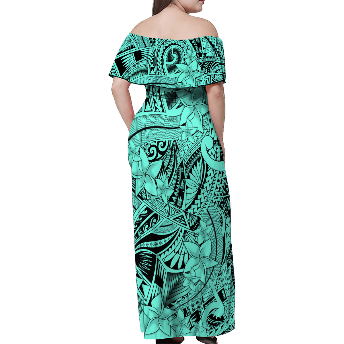 Polynesia Family Matching Off Shoulder Maxi Dress and Hawaiian Shirt Tribal Polynesian Spirit With Teal Pacific Flowers LT9 - Wonder Print Shop