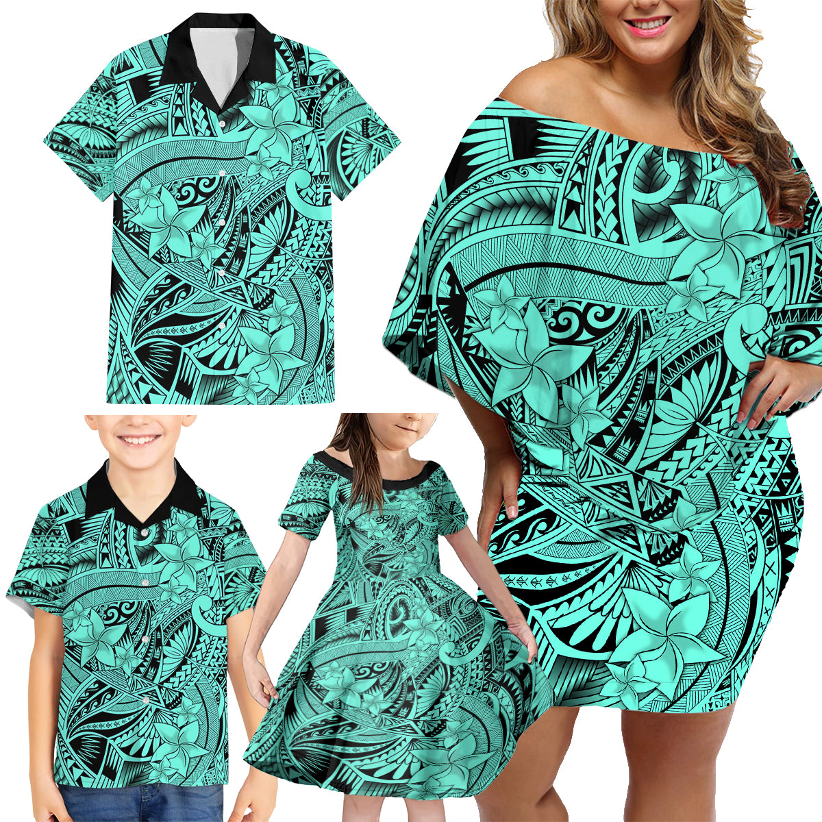 Polynesia Family Matching Off Shoulder Short Dress and Hawaiian Shirt Tribal Polynesian Spirit With Teal Pacific Flowers LT9 - Wonder Print Shop
