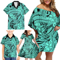 Polynesia Family Matching Off Shoulder Short Dress and Hawaiian Shirt Tribal Polynesian Spirit With Teal Pacific Flowers LT9 - Wonder Print Shop