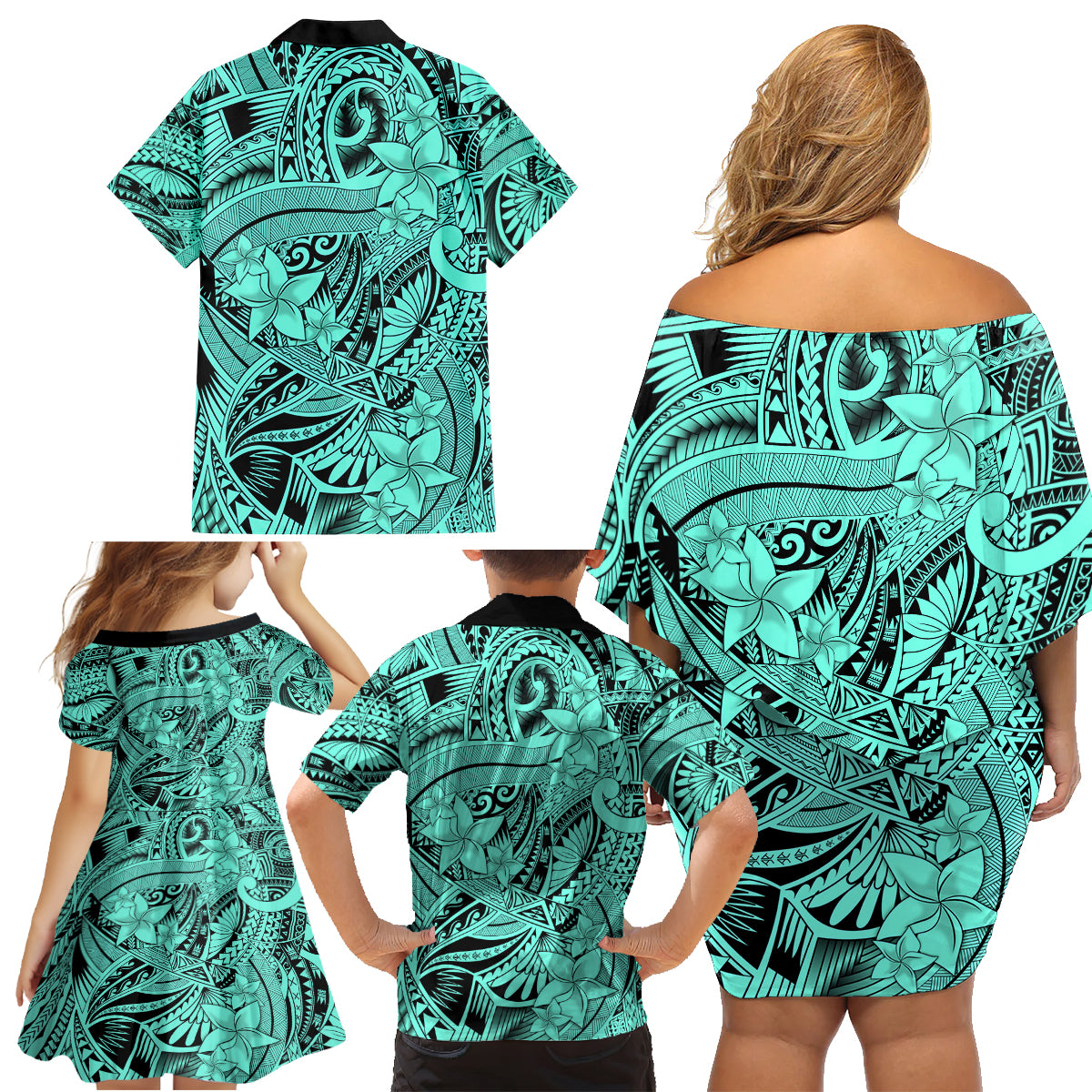 Polynesia Family Matching Off Shoulder Short Dress and Hawaiian Shirt Tribal Polynesian Spirit With Teal Pacific Flowers LT9 - Wonder Print Shop