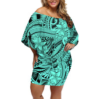 Polynesia Family Matching Off Shoulder Short Dress and Hawaiian Shirt Tribal Polynesian Spirit With Teal Pacific Flowers LT9 - Wonder Print Shop