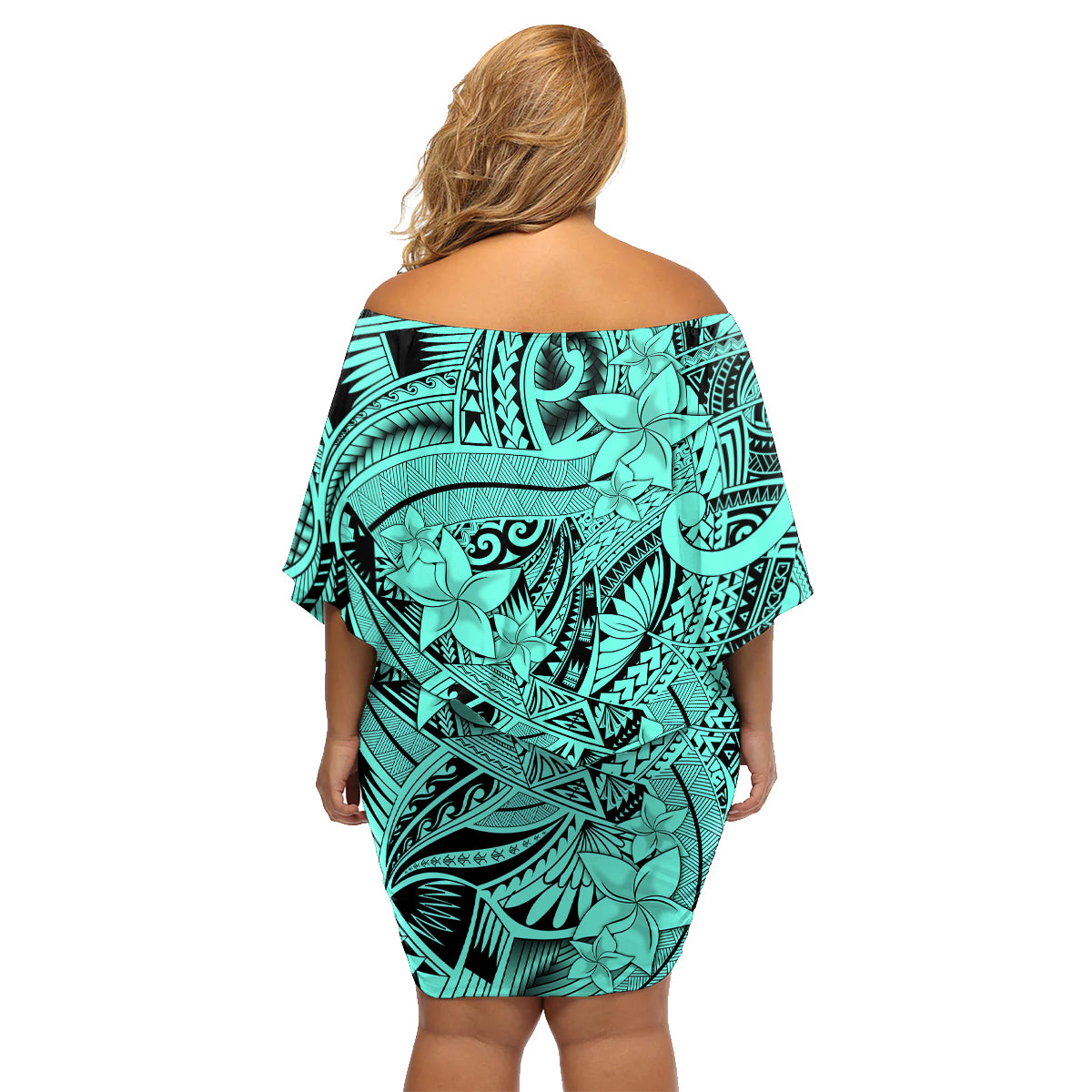 Polynesia Family Matching Off Shoulder Short Dress and Hawaiian Shirt Tribal Polynesian Spirit With Teal Pacific Flowers LT9 - Wonder Print Shop