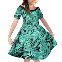 Polynesia Family Matching Puletasi Dress and Hawaiian Shirt Tribal Polynesian Spirit With Teal Pacific Flowers - Wonder Print Shop