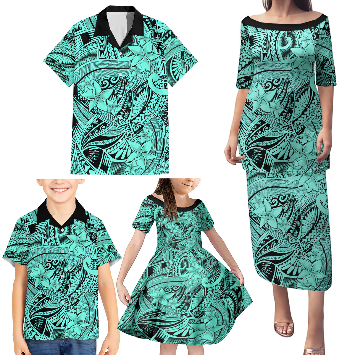 Polynesia Family Matching Puletasi Dress and Hawaiian Shirt Tribal Polynesian Spirit With Teal Pacific Flowers - Wonder Print Shop