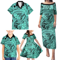 Polynesia Family Matching Puletasi Dress and Hawaiian Shirt Tribal Polynesian Spirit With Teal Pacific Flowers - Wonder Print Shop