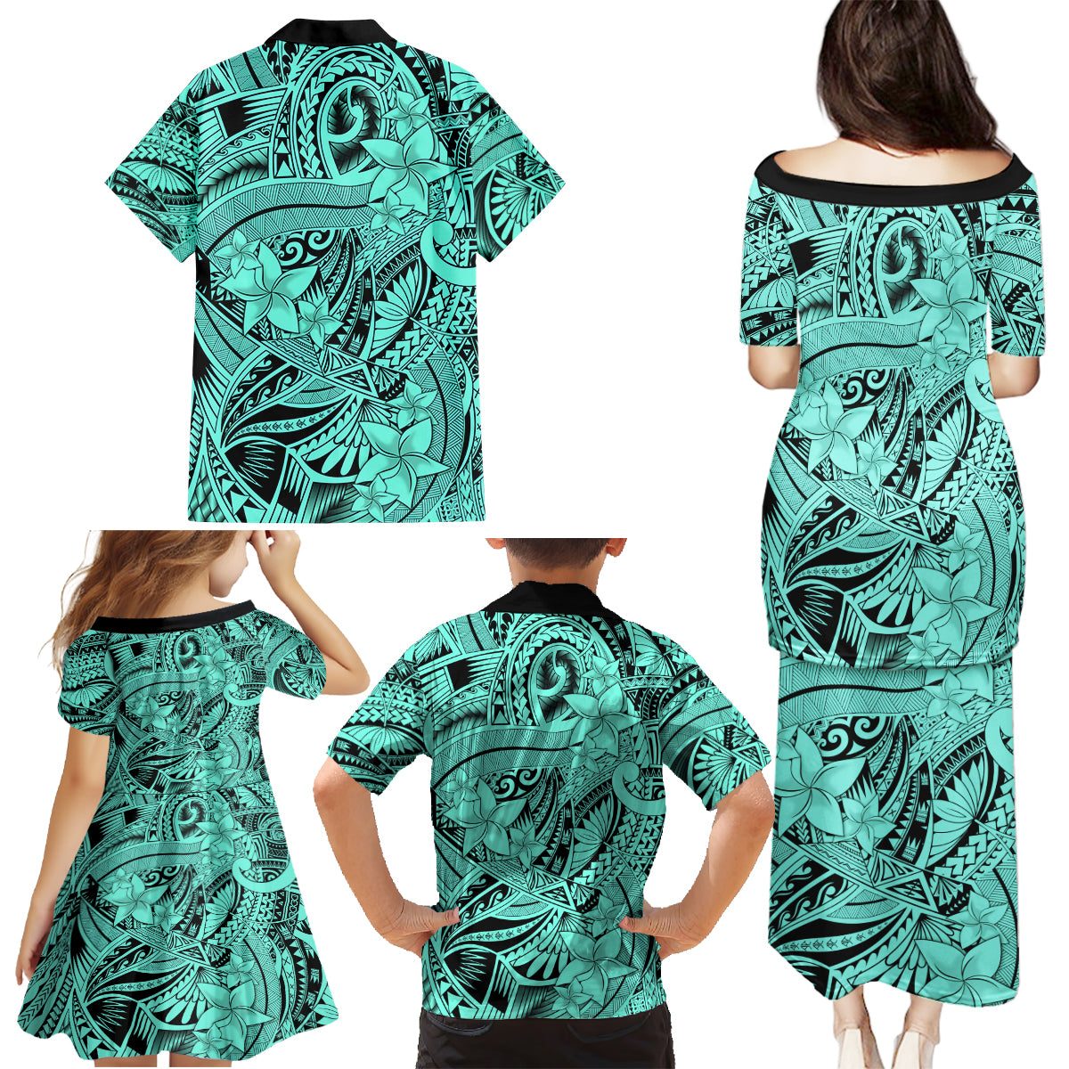 Polynesia Family Matching Puletasi Dress and Hawaiian Shirt Tribal Polynesian Spirit With Teal Pacific Flowers - Wonder Print Shop