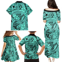 Polynesia Family Matching Puletasi Dress and Hawaiian Shirt Tribal Polynesian Spirit With Teal Pacific Flowers - Wonder Print Shop