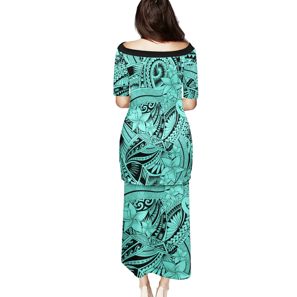 Polynesia Family Matching Puletasi Dress and Hawaiian Shirt Tribal Polynesian Spirit With Teal Pacific Flowers - Wonder Print Shop