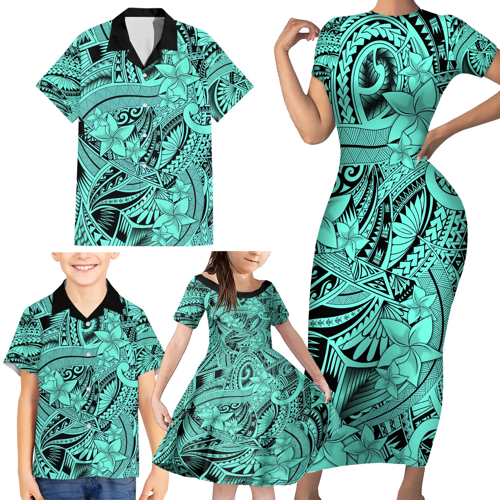Polynesia Family Matching Short Sleeve Bodycon Dress and Hawaiian Shirt Tribal Polynesian Spirit With Teal Pacific Flowers - Wonder Print Shop