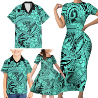 Polynesia Family Matching Short Sleeve Bodycon Dress and Hawaiian Shirt Tribal Polynesian Spirit With Teal Pacific Flowers - Wonder Print Shop