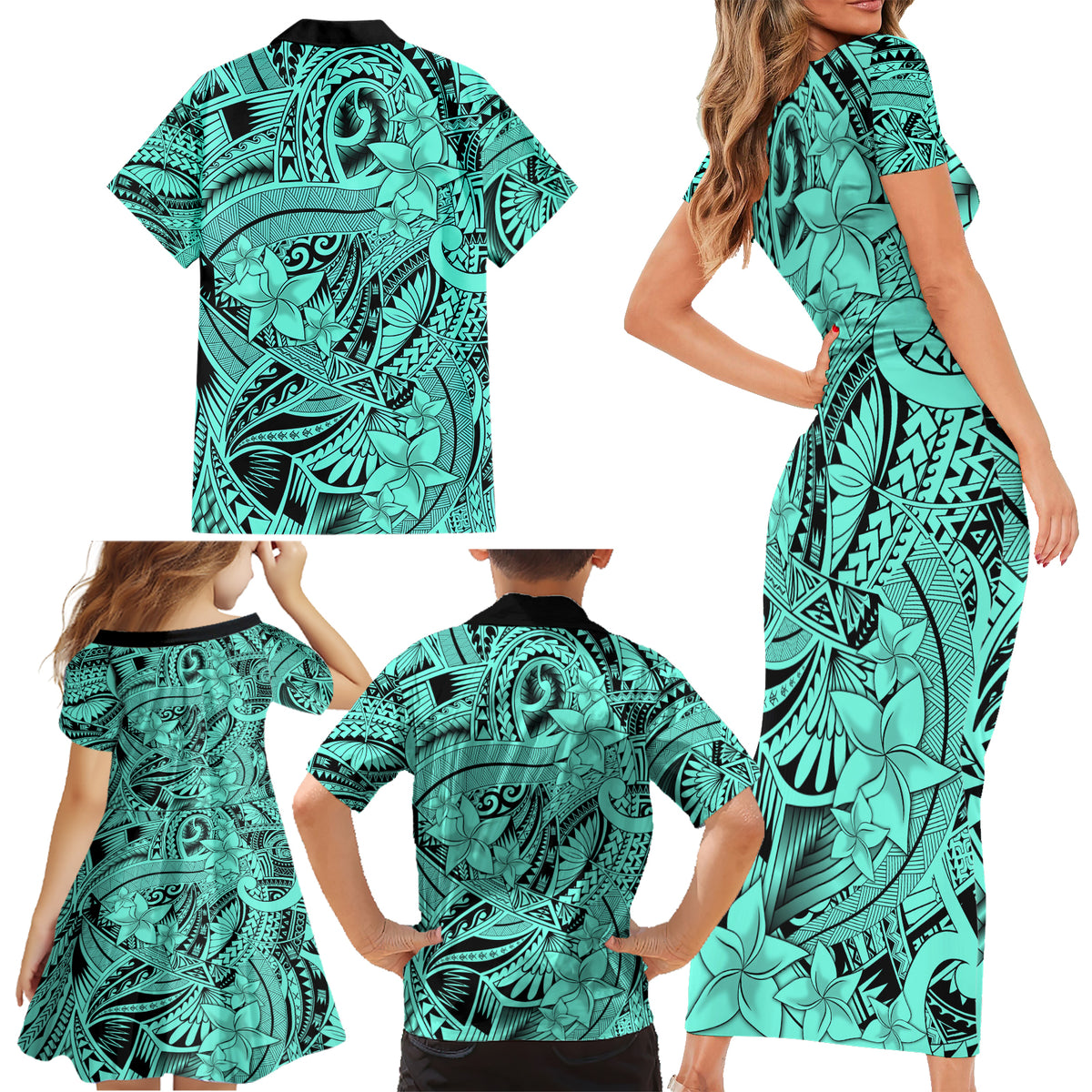 Polynesia Family Matching Short Sleeve Bodycon Dress and Hawaiian Shirt Tribal Polynesian Spirit With Teal Pacific Flowers - Wonder Print Shop