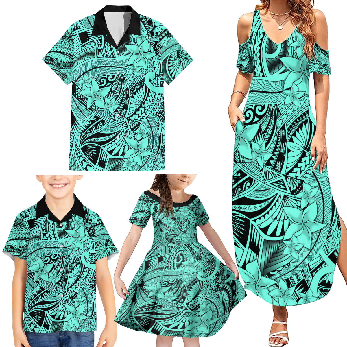 Polynesia Family Matching Summer Maxi Dress and Hawaiian Shirt Tribal Polynesian Spirit With Teal Pacific Flowers - Wonder Print Shop
