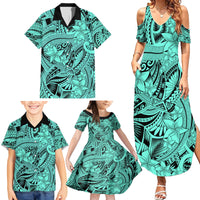 Polynesia Family Matching Summer Maxi Dress and Hawaiian Shirt Tribal Polynesian Spirit With Teal Pacific Flowers - Wonder Print Shop