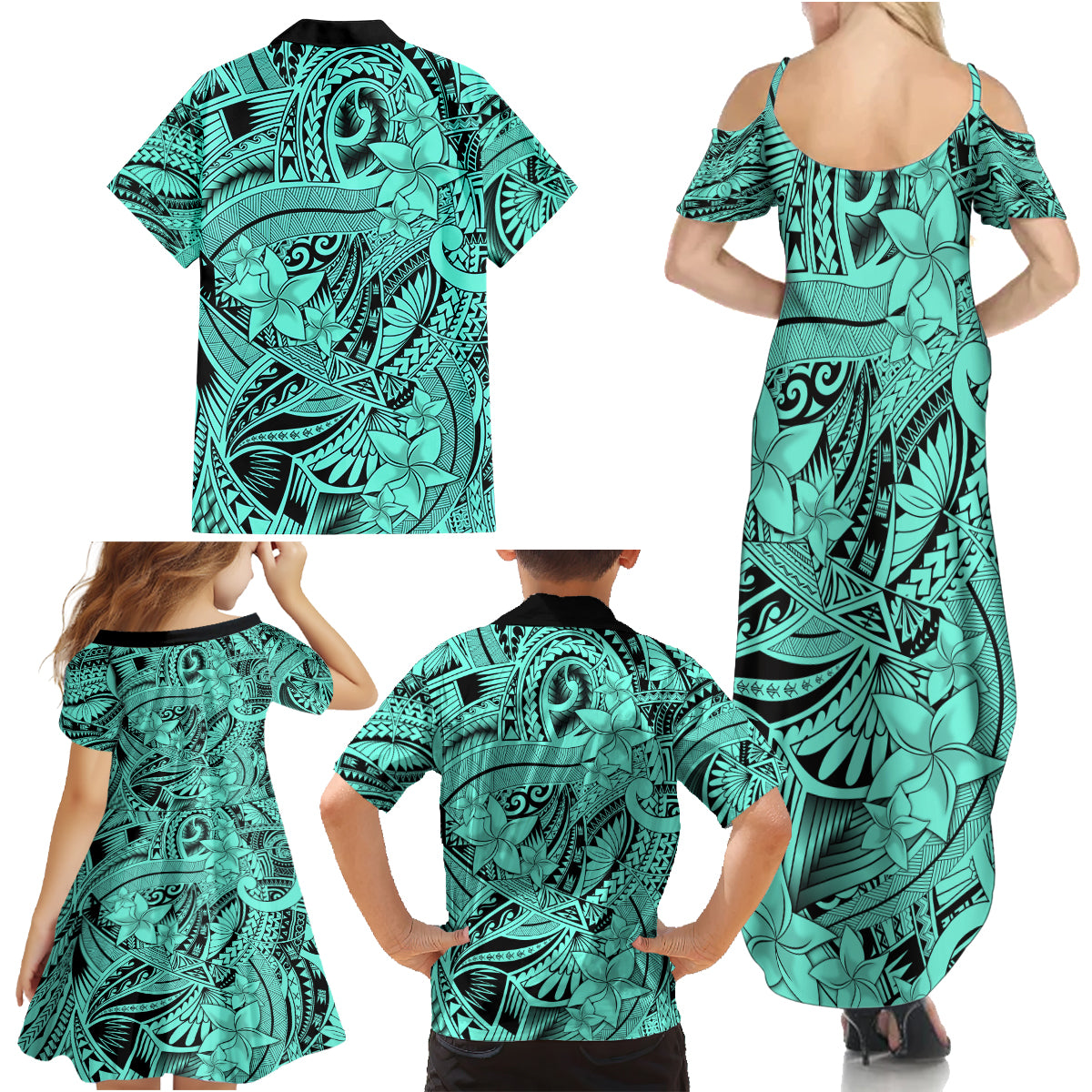 Polynesia Family Matching Summer Maxi Dress and Hawaiian Shirt Tribal Polynesian Spirit With Teal Pacific Flowers - Wonder Print Shop