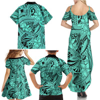 Polynesia Family Matching Summer Maxi Dress and Hawaiian Shirt Tribal Polynesian Spirit With Teal Pacific Flowers - Wonder Print Shop