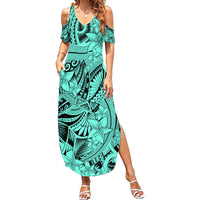 Polynesia Family Matching Summer Maxi Dress and Hawaiian Shirt Tribal Polynesian Spirit With Teal Pacific Flowers - Wonder Print Shop