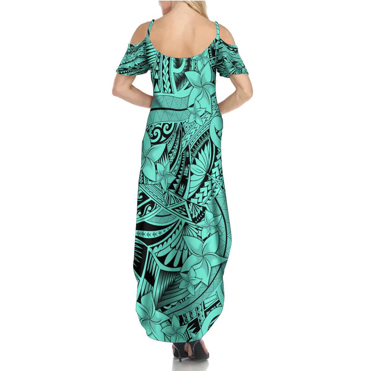 Polynesia Family Matching Summer Maxi Dress and Hawaiian Shirt Tribal Polynesian Spirit With Teal Pacific Flowers - Wonder Print Shop