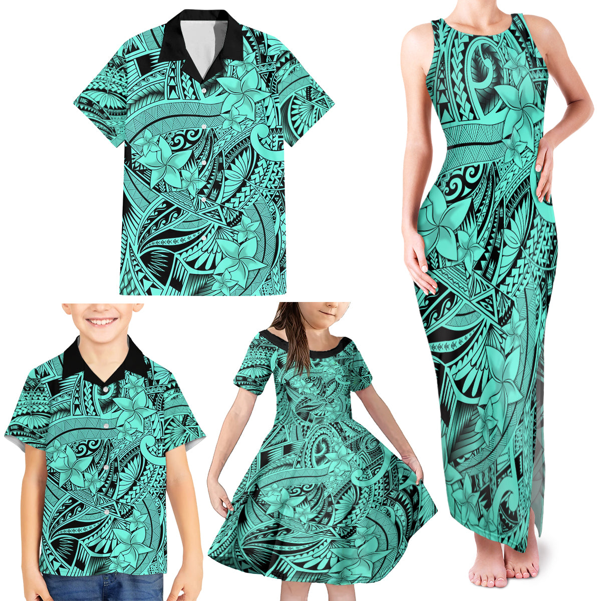 Polynesia Family Matching Tank Maxi Dress and Hawaiian Shirt Tribal Polynesian Spirit With Teal Pacific Flowers - Wonder Print Shop