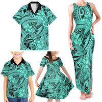 Polynesia Family Matching Tank Maxi Dress and Hawaiian Shirt Tribal Polynesian Spirit With Teal Pacific Flowers - Wonder Print Shop