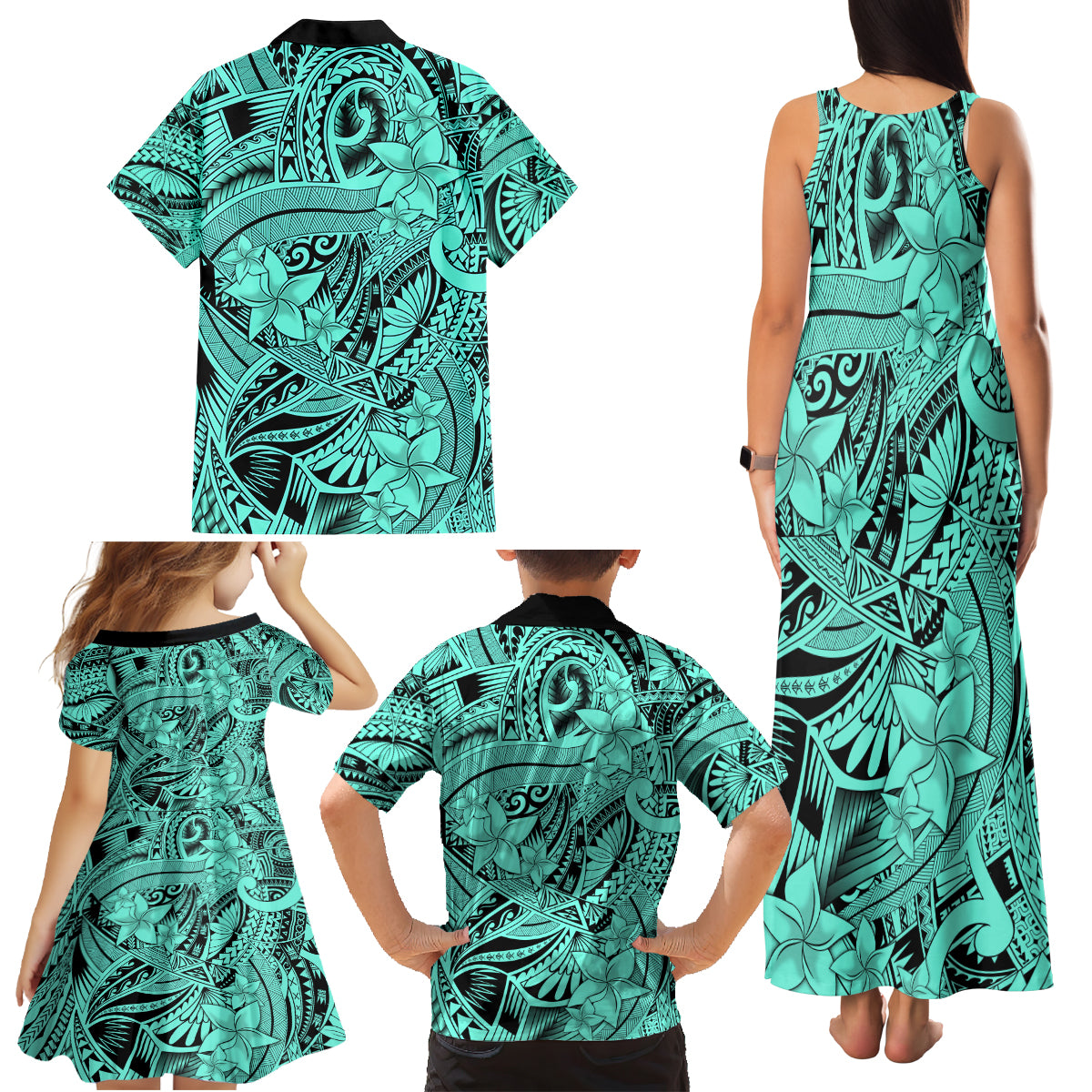 Polynesia Family Matching Tank Maxi Dress and Hawaiian Shirt Tribal Polynesian Spirit With Teal Pacific Flowers - Wonder Print Shop