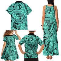 Polynesia Family Matching Tank Maxi Dress and Hawaiian Shirt Tribal Polynesian Spirit With Teal Pacific Flowers - Wonder Print Shop