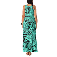 Polynesia Family Matching Tank Maxi Dress and Hawaiian Shirt Tribal Polynesian Spirit With Teal Pacific Flowers - Wonder Print Shop