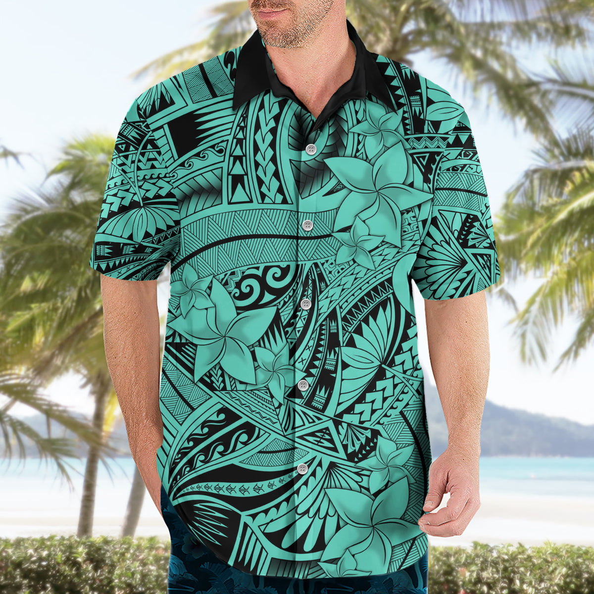 Polynesia Hawaiian Shirt Tribal Polynesian Spirit With Teal Pacific Flowers - Wonder Print Shop