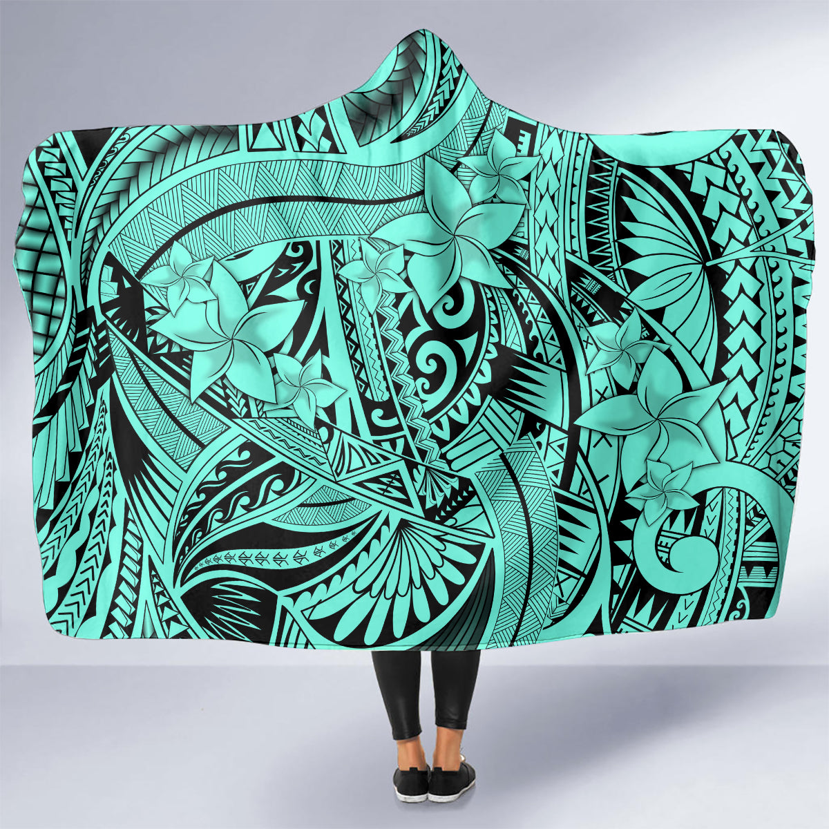 Polynesia Hooded Blanket Tribal Polynesian Spirit With Teal Pacific Flowers LT9
