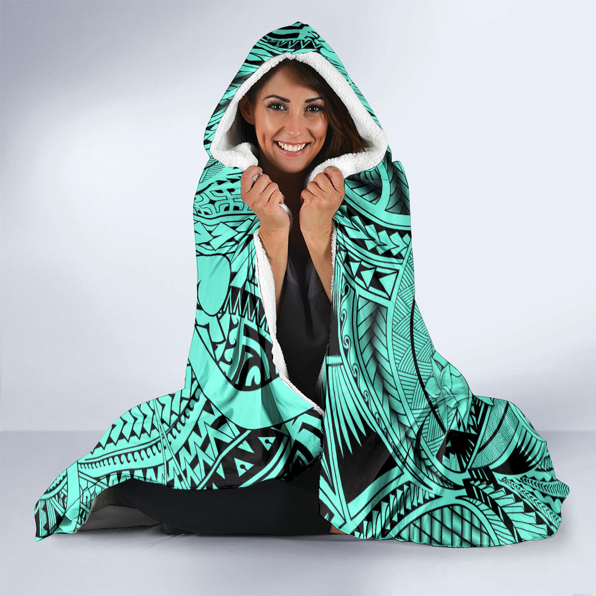 Polynesia Hooded Blanket Tribal Polynesian Spirit With Teal Pacific Flowers LT9