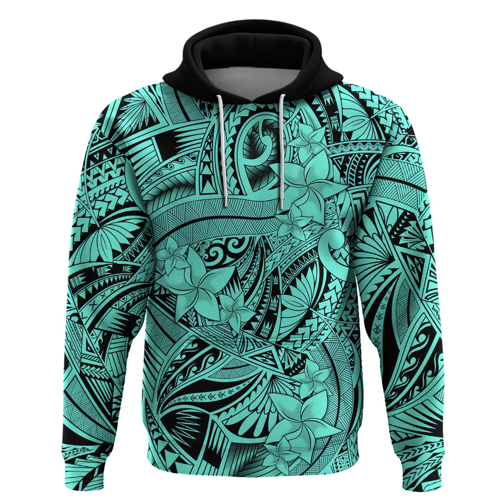 Polynesia Hoodie Tribal Polynesian Spirit With Teal Pacific Flowers - Wonder Print Shop