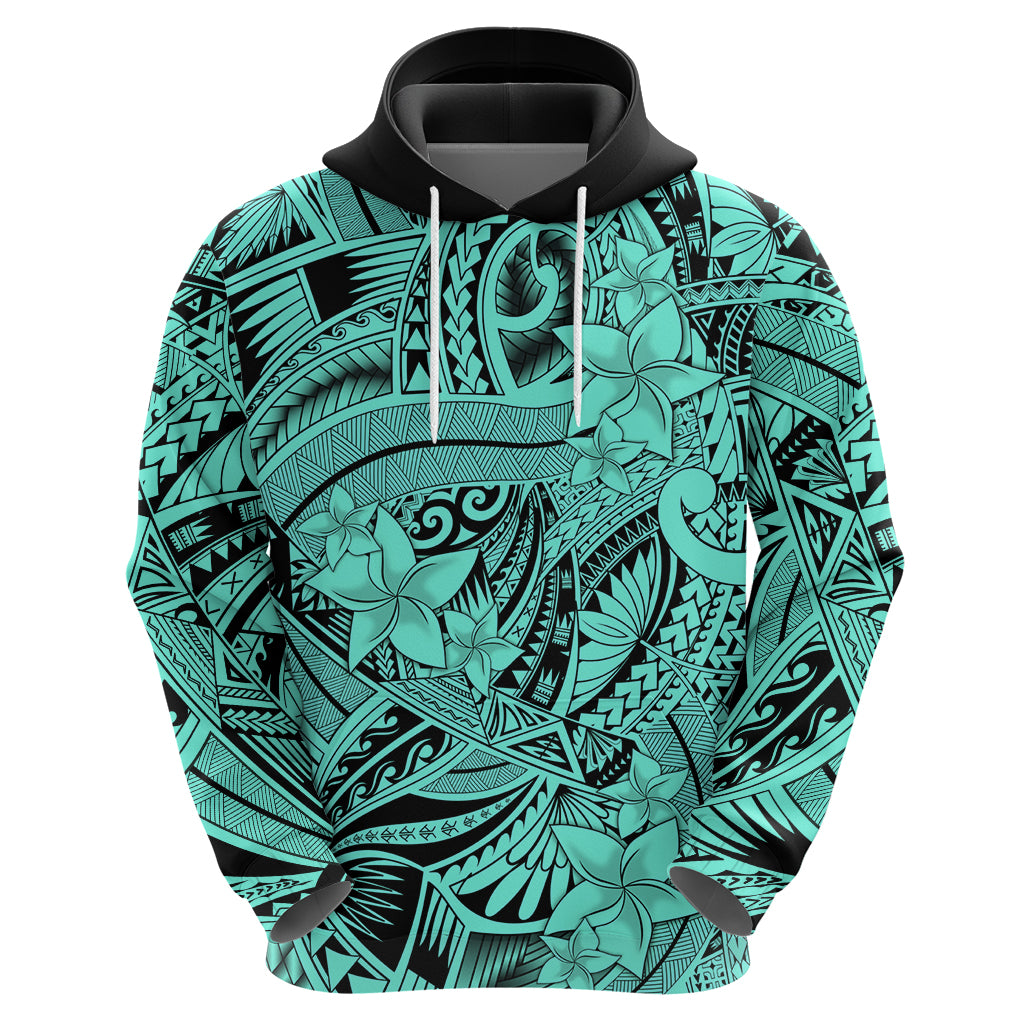 Polynesia Hoodie Tribal Polynesian Spirit With Teal Pacific Flowers - Wonder Print Shop