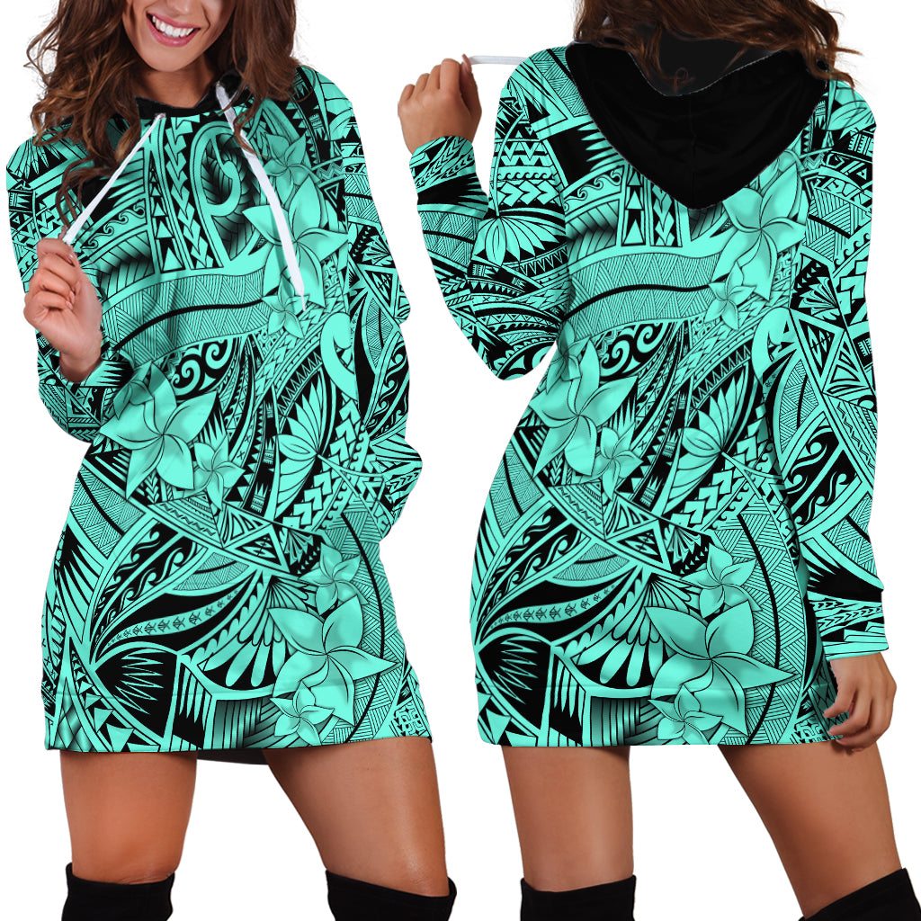 Polynesia Hoodie Dress Tribal Polynesian Spirit With Teal Pacific Flowers - Wonder Print Shop