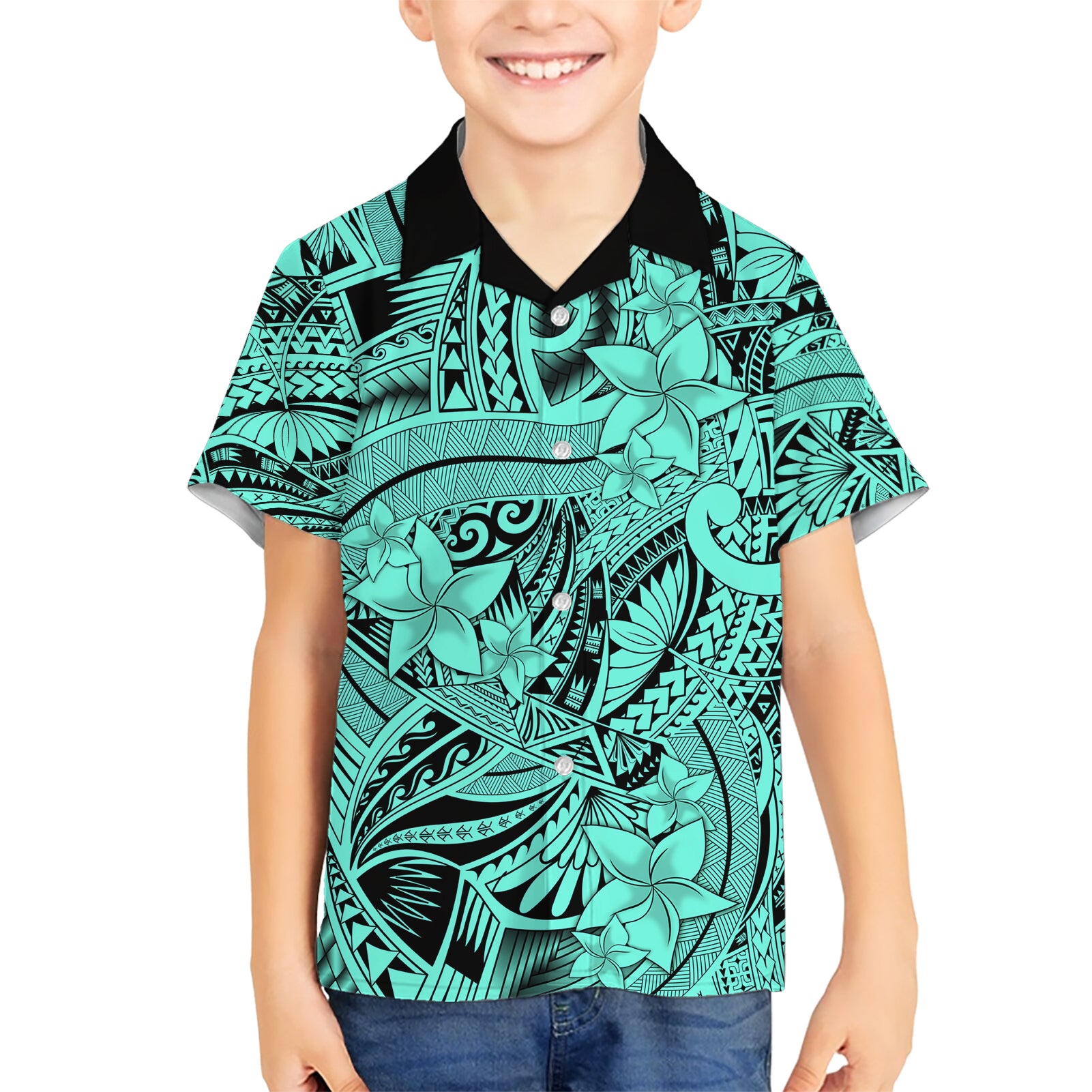 Polynesia Kid Hawaiian Shirt Tribal Polynesian Spirit With Teal Pacific Flowers - Wonder Print Shop