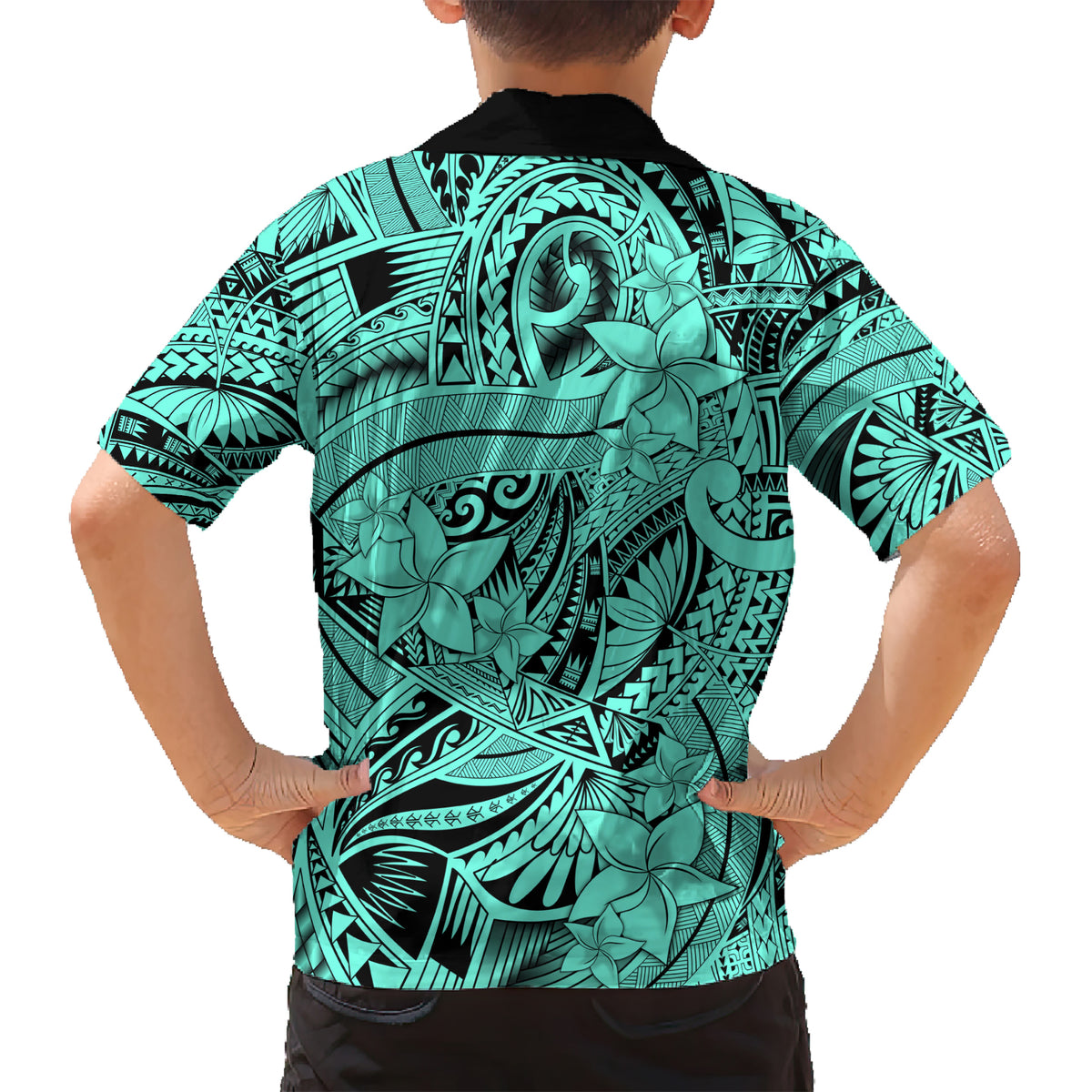 Polynesia Kid Hawaiian Shirt Tribal Polynesian Spirit With Teal Pacific Flowers - Wonder Print Shop